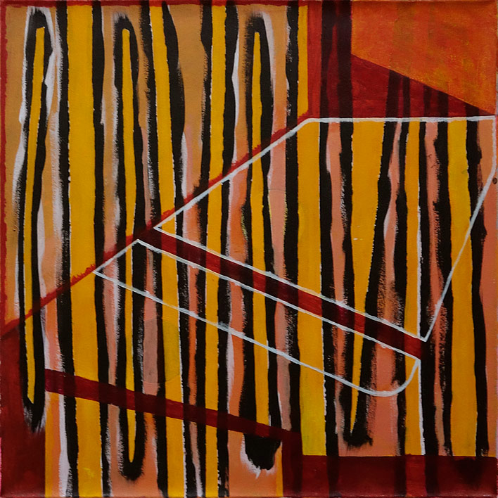 An abstract painting featuring vertical orange stripes with black outlines and on top a white and red outline of a larger geometric shape.