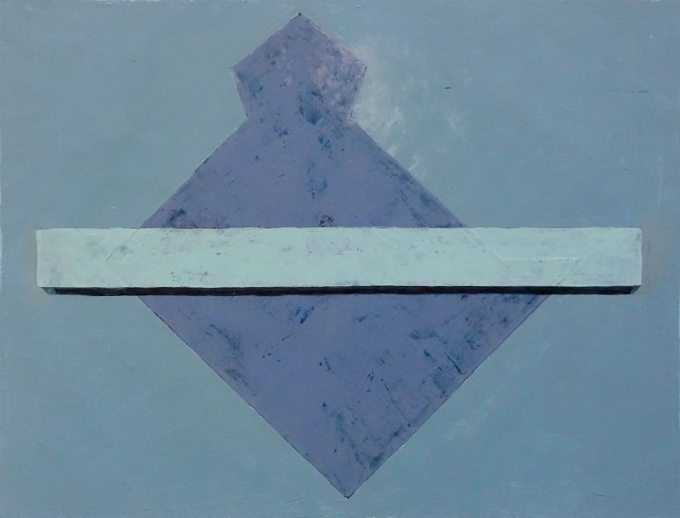 Abstract artwork featuring a large geometric purple-grey shape intersected by a horizontal blue-white bar against a muted blue background.