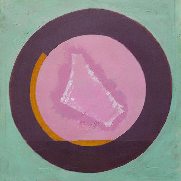 Abstract circular painting with concentric shapes in pink, dark purple and orange (filling most of the canvas) against a soft green background.