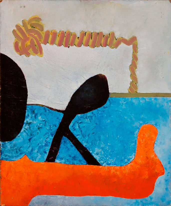 A colourful abstract painting featuring bold orange and black shapes on a textured light blue background. With a yellow and pink squiggly rope like line in the top half on a whitish background.