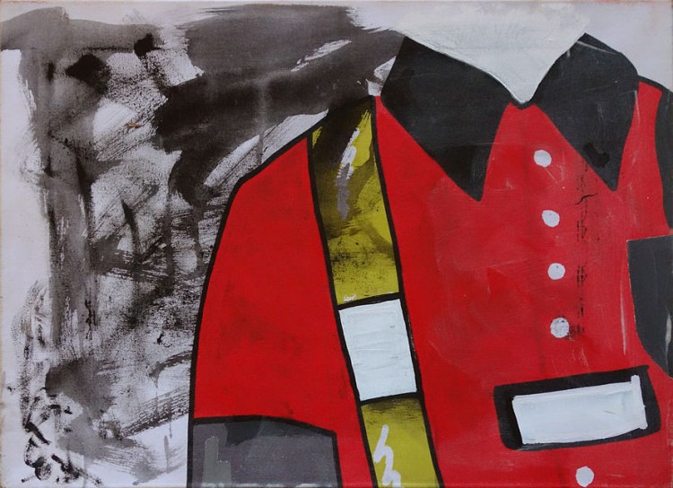 A screen printed fabric of a red jacket with a yellow over the shoulder strap a black collar and white buttons, with the white background textured dark grey brush marks.