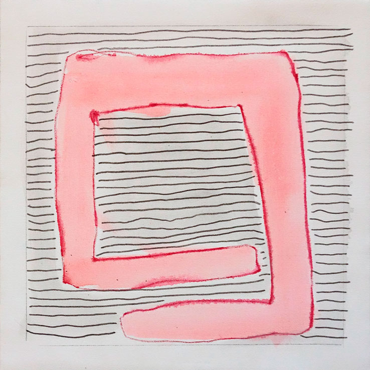 An abstract pink watercolour shape with uneven edges over a background of horizontal wobbly black lines.
