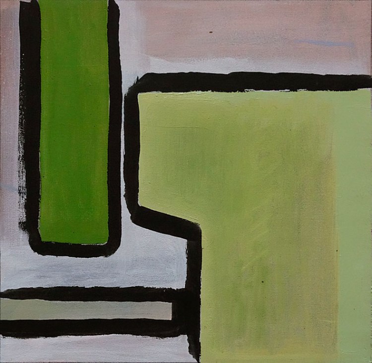 Abstract painting featuring 3 green and yellow geometric shapes outlined in textured black, set against a soft pink and white background.