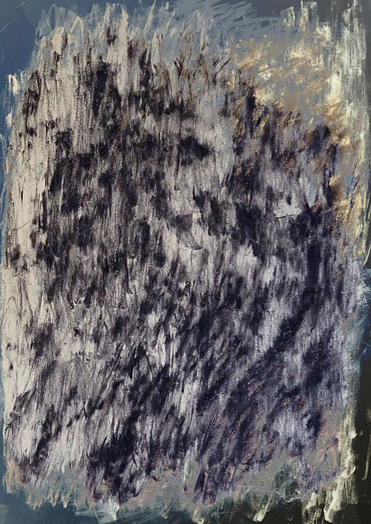 a dark abstract textured image on pale textured layer both obscuring a pale yellow and grey blue background